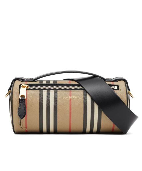 Burberry The Icon Stripe E-canvas and Leather Barrel Bag Apricot