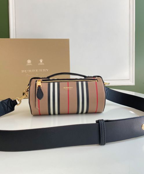 Burberry The Icon Stripe E-canvas and Leather Barrel Bag Apricot