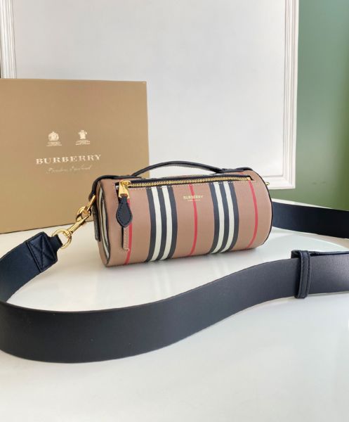 Burberry The Icon Stripe E-canvas and Leather Barrel Bag Apricot