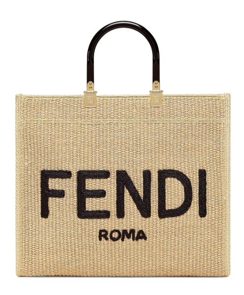 Fendi Medium Embroidered Straw Tote Bag Apricot