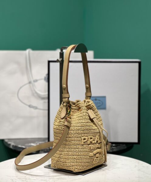 Prada Crochet And Leather Mini-bucket Bag 1BE068 Apricot 3