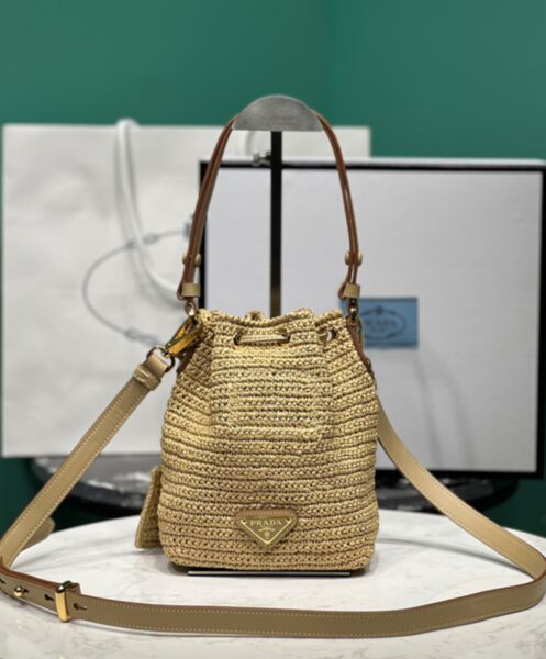 Prada Crochet And Leather Mini-bucket Bag 1BE068 Apricot 4