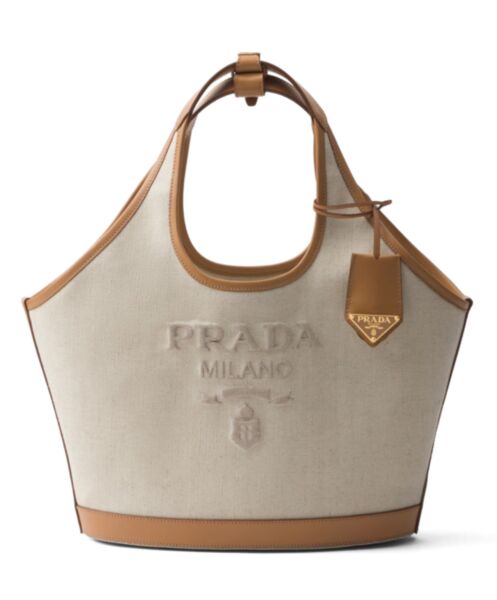 Prada Medium Linen Blend And Leather Tote Bag 1BG471 Cream