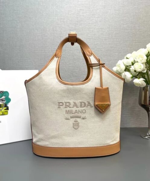 Prada Medium Linen Blend And Leather Tote Bag 1BG471 Cream 2