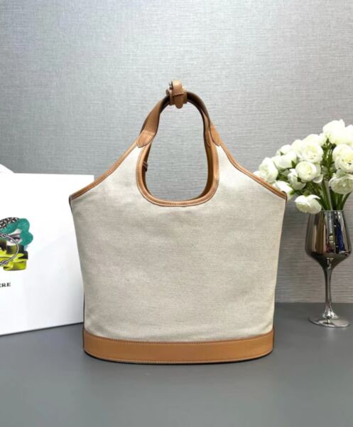 Prada Medium Linen Blend And Leather Tote Bag 1BG471 Cream 4