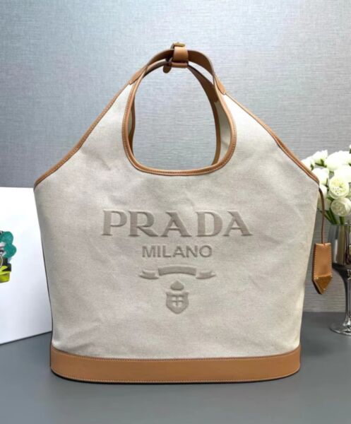 Prada Large Linen Blend And Leather Tote Bag 1BG472 Cream 2