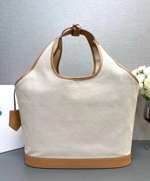 Prada Large Linen Blend And Leather Tote Bag 1BG472 Cream 4