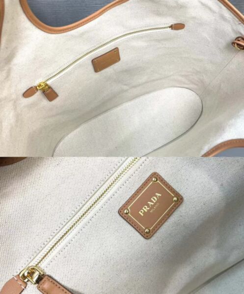 Prada Large Linen Blend And Leather Tote Bag 1BG472 Cream 9