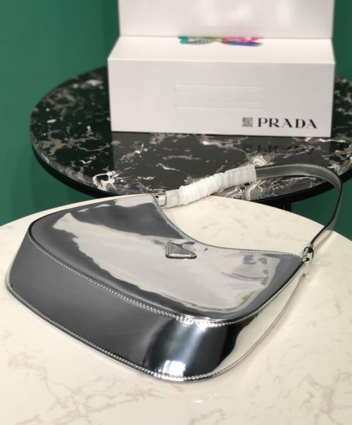 Prada Cleo Brushed Leather Shoulder Bag 1BC499 Silver