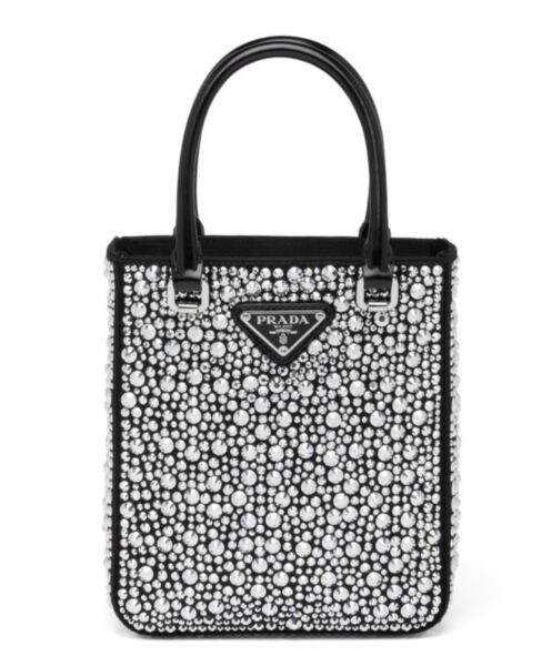 Prada Small crystal-studded satin tote bag 1BA331 Black