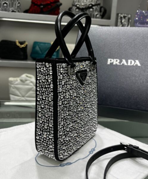 Prada Small crystal-studded satin tote bag 1BA331 Black 4