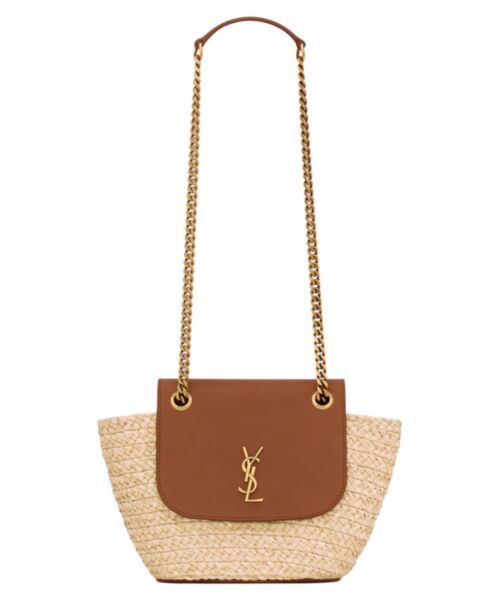 Saint Laurent Mini Manon In Raffia And Aged Vegetable-Tanned Leather Coffee