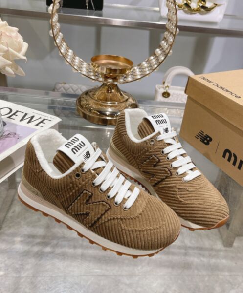 Miumiu x New Balance 574 Striped Velvet Sneakers Dark Coffee 3