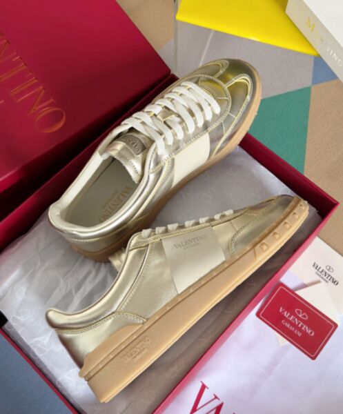 Valentino Unisex Upvillage Sneaker In Laminated Calfskin With Nappa Calfskin Leather Band Golden 6