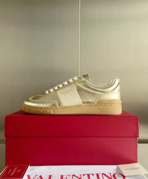 Valentino Unisex Upvillage Sneaker In Laminated Calfskin With Nappa Calfskin Leather Band Golden 7