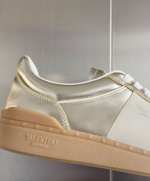 Valentino Unisex Upvillage Sneaker In Laminated Calfskin With Nappa Calfskin Leather Band Golden 9